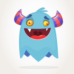 Angry blue cartoon monster with horns. Big collection of cute monsters. Halloween character. Vector illustrations. Good for book illustration, magazine prints or journal article