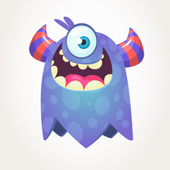 Cute cartoon monster  with horns and with one eye. Smiling monster emotion with big mouth. Halloween vector illustration