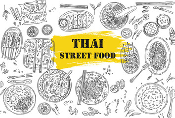 Thai food flyer design. Linear graphic. Vector illustration. Engraved style.