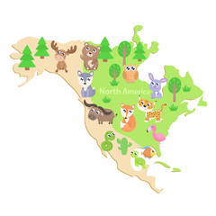Map of North America with cartoon animals. Flat design.