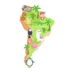 Map of South America with cartoon animals for kids. Flat design.