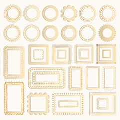 Golden vintage set of vector stylized frames. Wedding ethnic design. Round, square, rectangle elements.