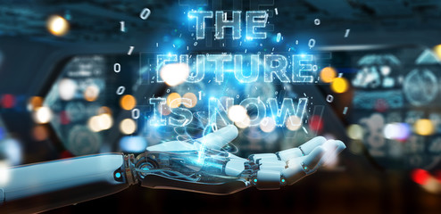 White cyborg hand using future decision text interface 3D rendering