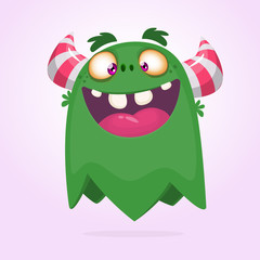 Happy cartoon green monster. Halloween vector illustration of excited monster. Big set of cartoon monsters