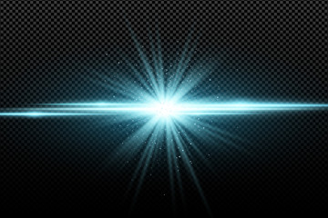 Abstract stylish light effect on a transparent background. Bright glowing star. Bright flares. Blue rays. Explosion. Vector illustration - obrazy, fototapety, plakaty