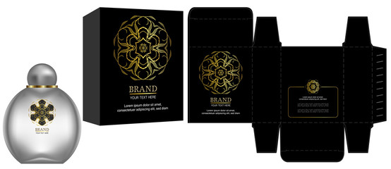 Fototapeta na wymiar Packaging design, Label on cosmetic container with black and gold luxury box template and mockup box. illustration vector. 