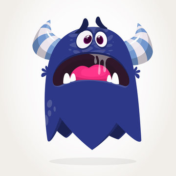 Cartoon blue monster. Monster troll illustration with surprised expression. Shocking blue gremlin mascot design. Vector Halloween illustration