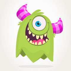 Cute cartoon monster  with horns with one eye. Smiling monster emotion with big mouth. Halloween vector illustration