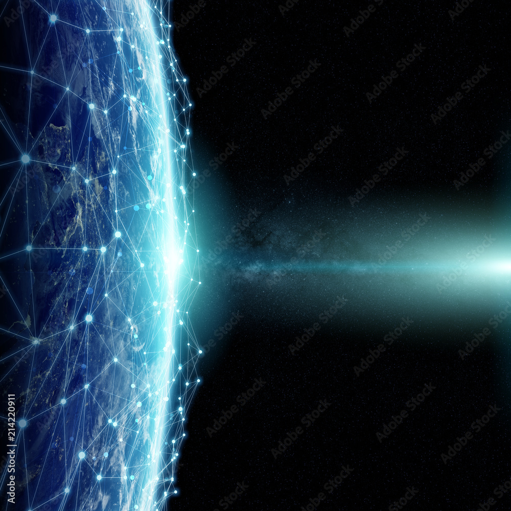 Poster Connections system and datas exchanges on planet Earth 3D rendering