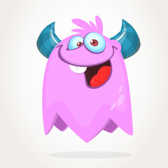 Happy cool cartoon fat flying monster. Purple and horned vector monster character