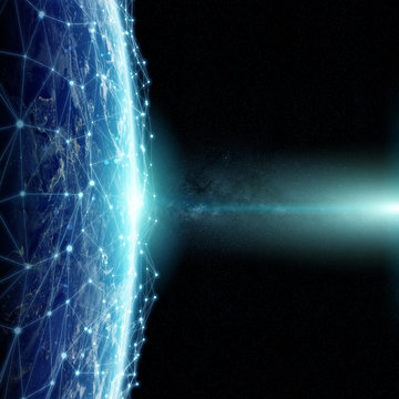 Connections system and datas exchanges on planet Earth 3D rendering