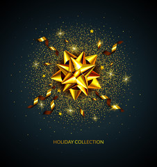 Abstract vector holiday background. Gold ribbon, golden bow, stars, serpentines and confetti isolated on black background. Xmas, birthday, wedding and new year eve decoration. Illustration. Eps10