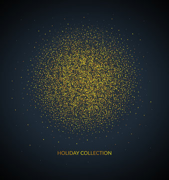 Abstract dark blue vector background with golden dots isolated on dark background. Glitter sparkle. Magic and Space. Gold fairy dust and firework. Beauty and elegant design and illustration. EPS 10