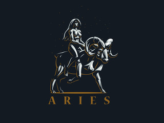Sign of the zodiac Aries. The girl rides on Ram. Vector emblem.