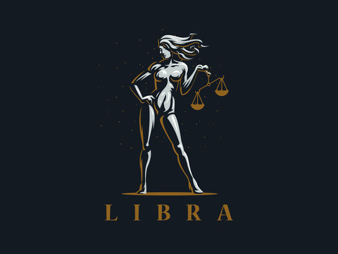 Libra. A woman is holding a scales. Vector illustration.