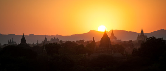 Pagoda silhouettes during a sunset in Bagan, Myanmar (Burma)