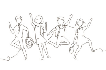 Happy schoolchildren - one line design style illustration