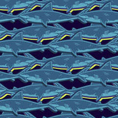 Obraz premium Abstract seamless vector underwater pattern for girls, boys, clothes. Creative background with sharks. Funny wallpaper for textile and fabric. Fashion style. Colorful bright
