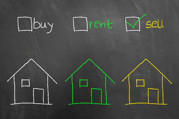 Buy rent sell checkbox house drawing on blackboard.