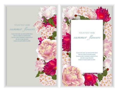 Vector banners set with summer flowers.Template for greeting cards, wedding decorations, invitation ,sales. Spring or summer design. Place for text.