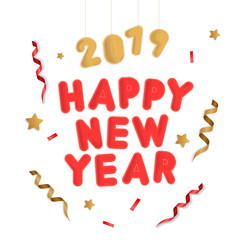 Vector greeting  illustration "Happy New Year. 2019" Isolated 3d red and beige textile letters with festive ribbons and stars.