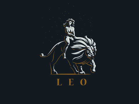 Sign Of The Zodiac Leo. A Woman Is Riding A Lion. Vector Illustration.