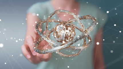 Businesswoman using futuristic torus textured object 3D rendering