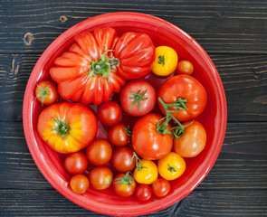 tomatoes of different size and color on a clay plate
