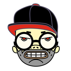 Cartoon head of a guy in a cap, glasses and with a smirk.