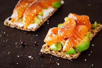 Two Crisp sandwiches with avocado and salmon. Slate background. Selective focus. Healthy breakfast concept. Toned image.