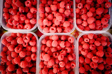 Berry fruits in baskets at a marketplace. mixed berries at eco market