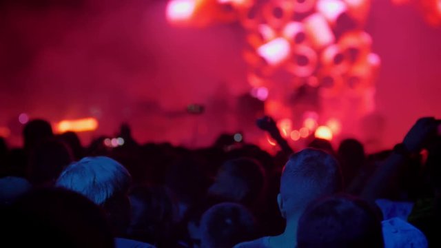 Heads of people standing at rock concert and listening, bright colorful illumination