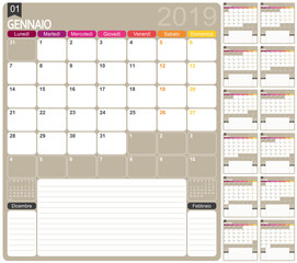 Italian calendar 2019 / Italian calendar template for year 2019, set of 12 months, week starts on Monday, printable calendar templates