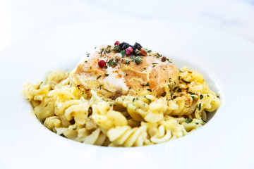 Smoked Salmon fusilli Pasta with Cream Sauce and boletus dill