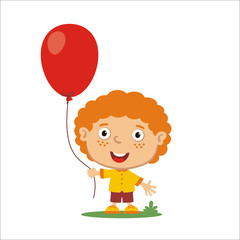 Vector Illustration: cheerful boy with red hair and freckles with red balloon, isolated on white background