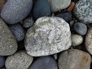 A variety of volcanic cobble stones on the beach in the Pacific Northwest