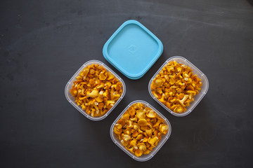 Fresh chanterelle mushrooms in a bowl. On the black chalkboard.