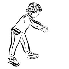 Walking little baby stretching his hands down