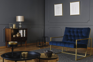Real photo of a navy blue armchair with a golden frame standing against dark wall with molding in...