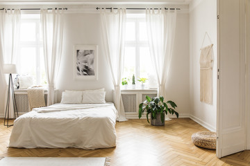Poster between windows in bright bedroom interior with bed between plant and lamp. Real photo