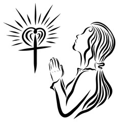 A shining cross with a heart and a young praying lady