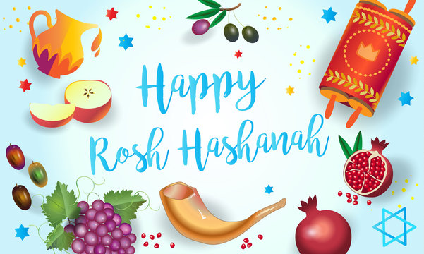 Rosh Hashanah greeting card - Jewish New Year. Text "Shana Tova!" on Hebrew. Honey, apple, shofar, pomegranate, Torah scroll banner. Rosh hashana, sukkot