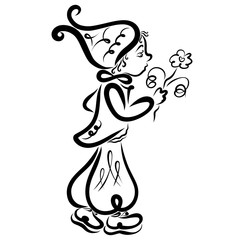 A cute baby in a gnome costume with a flower in his hand