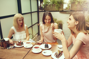 Two girl friends spend time together drinking coffee in the cafe, having breakfast and dessert.