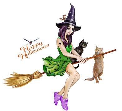beautiful sexy witch on a broomstick
