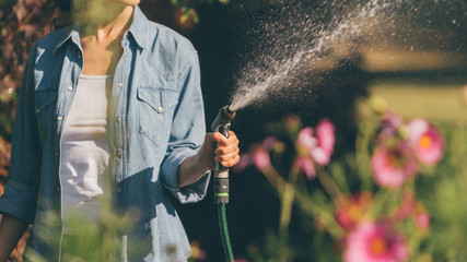 Beautiful young woman is watering plants