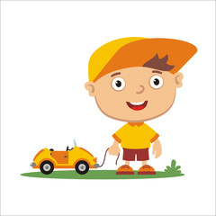 Vector illustration in cartoon style: little boy in cap with toy car isolated on white background. © coolpay