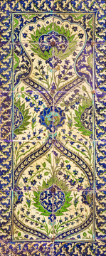 Ottoman era style glazed ceramic tiles from Iznik (Turkey) decorated with floral patterns ornamentations