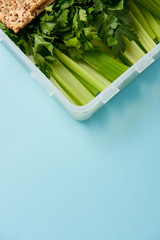 close up view of food container full of healthy parsley and celery isolated on blue