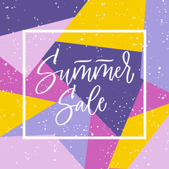 Summer sale hand lettering in the frame on bright background in violet and yellow colors. Vector artistic calligraphy. - 214234510